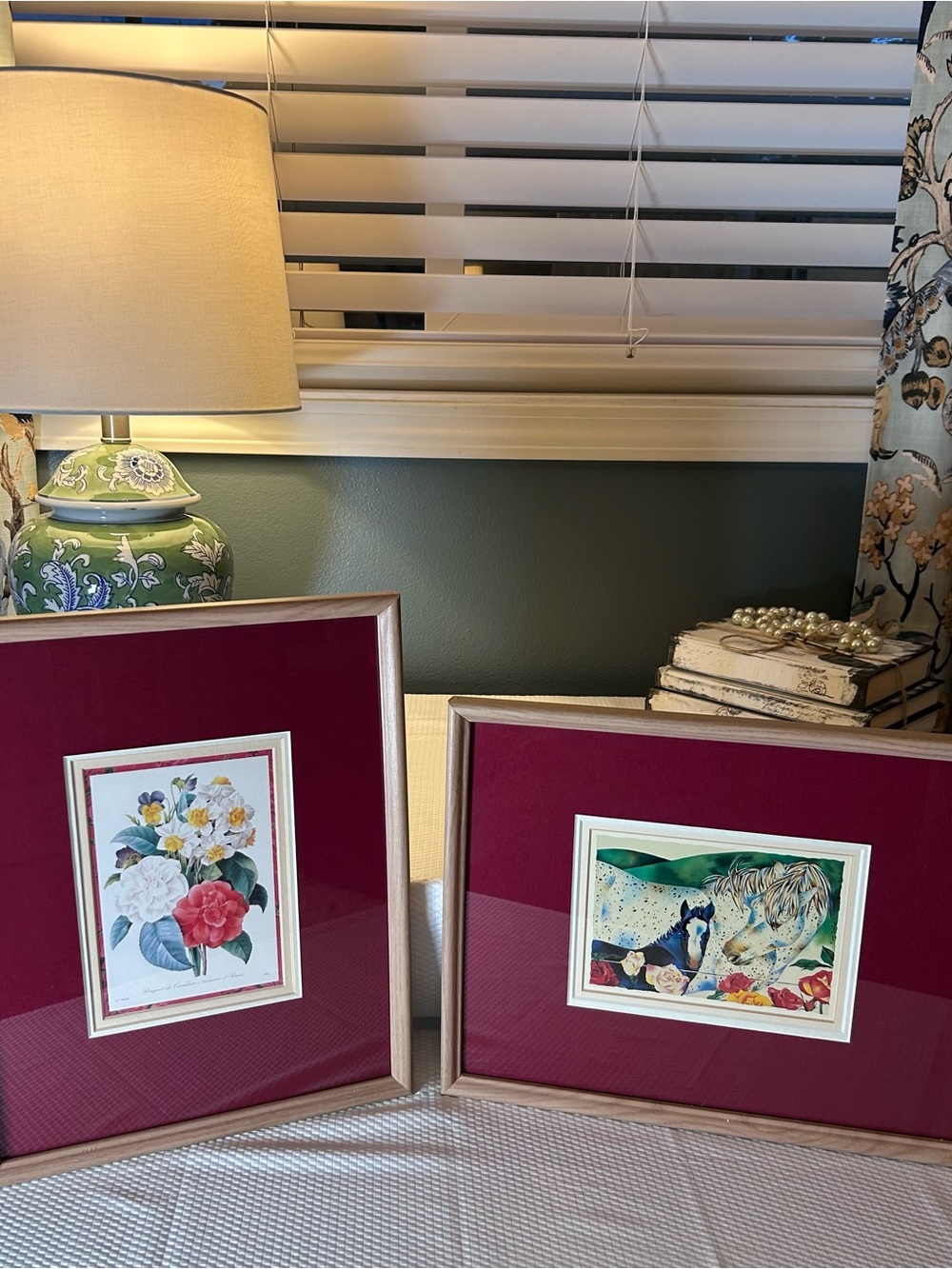 Vintage 1980s Framed Horse & Floral Art Set of 2